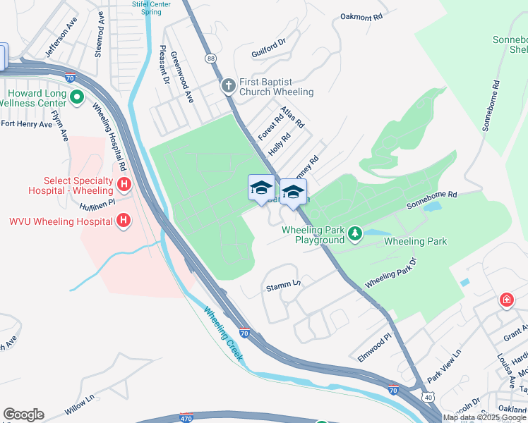 map of restaurants, bars, coffee shops, grocery stores, and more near 100 Clarks Lane in Wheeling