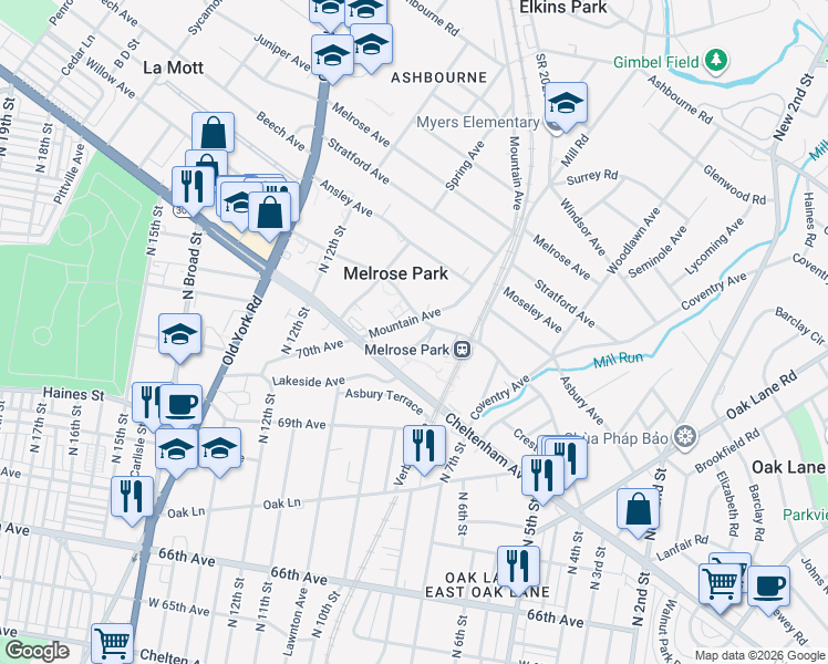 map of restaurants, bars, coffee shops, grocery stores, and more near 911 Valley Road in Melrose Park
