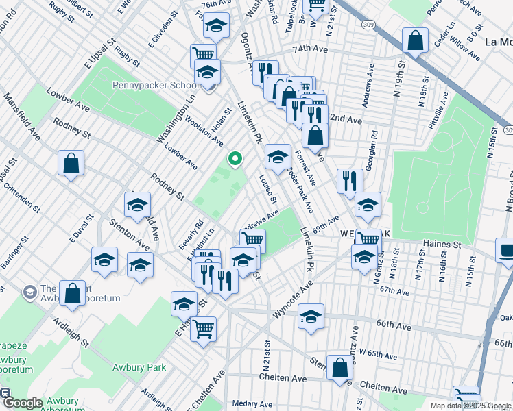 map of restaurants, bars, coffee shops, grocery stores, and more near 7024 Woolston Avenue in Philadelphia