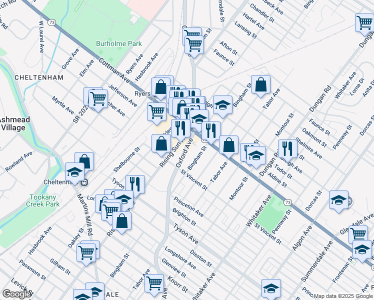 map of restaurants, bars, coffee shops, grocery stores, and more near 7237 Oxford Avenue in Philadelphia