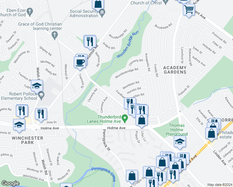 map of restaurants, bars, coffee shops, grocery stores, and more near 3104 Fordham Road in Philadelphia