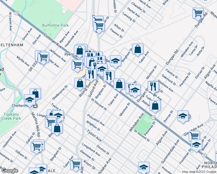 map of restaurants, bars, coffee shops, grocery stores, and more near 1108 Cottman Avenue in Philadelphia