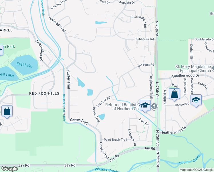 map of restaurants, bars, coffee shops, grocery stores, and more near 7185 Rustic Trail in Boulder