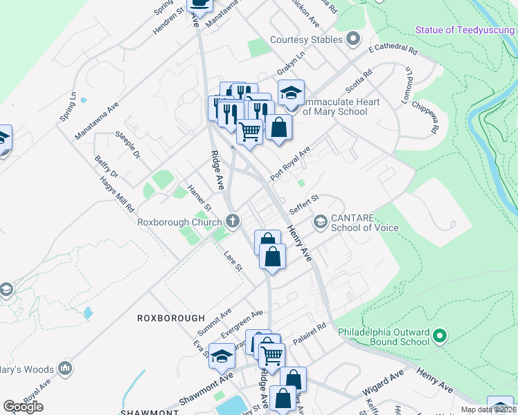 map of restaurants, bars, coffee shops, grocery stores, and more near 8200 Henry Avenue in Philadelphia