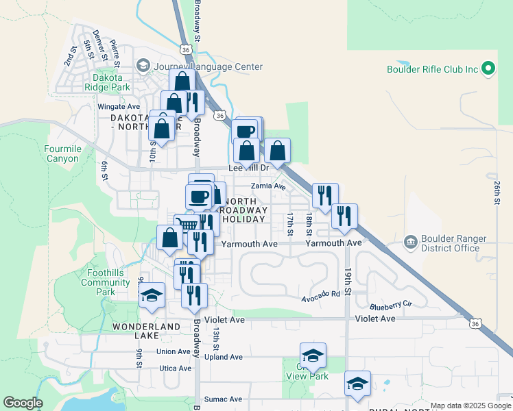 map of restaurants, bars, coffee shops, grocery stores, and more near 4670 Holiday Drive in Boulder