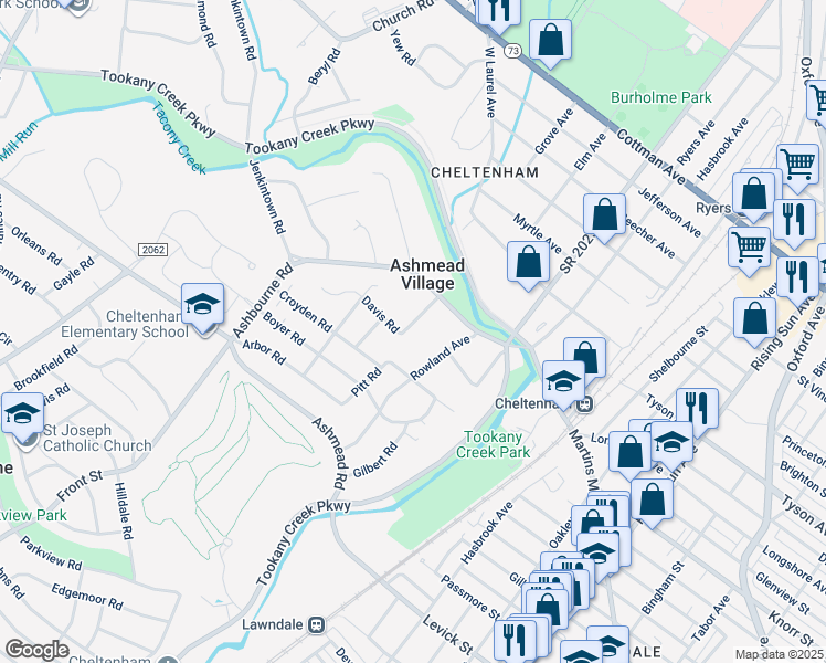 map of restaurants, bars, coffee shops, grocery stores, and more near 715 Foster Road in Cheltenham