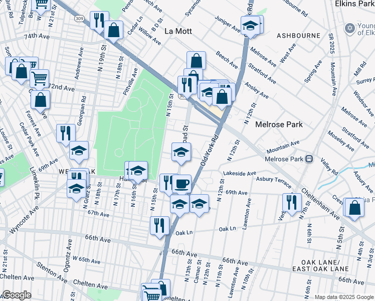 map of restaurants, bars, coffee shops, grocery stores, and more near 7013 North Broad Street in Philadelphia