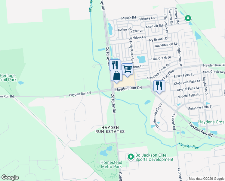 map of restaurants, bars, coffee shops, grocery stores, and more near Hayden Run Rd & Cosgray Rd in Franklin