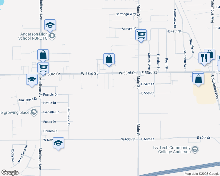 map of restaurants, bars, coffee shops, grocery stores, and more near 5424 Lewis Drive in Anderson
