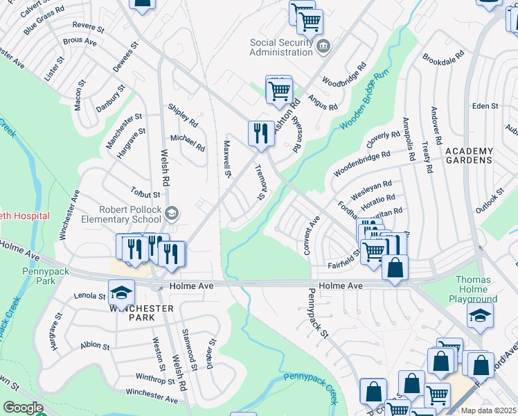 map of restaurants, bars, coffee shops, grocery stores, and more near 2875 Tremont Street in Philadelphia