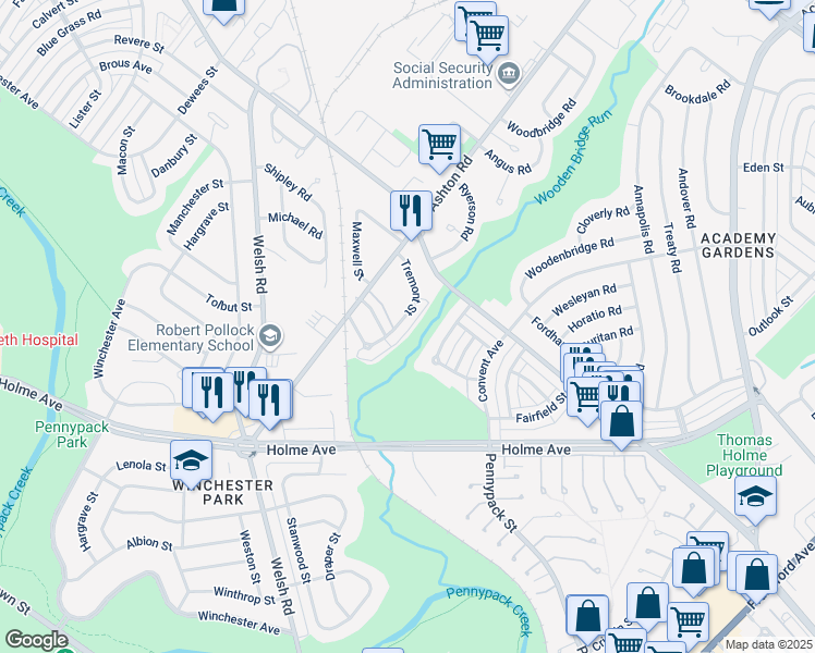 map of restaurants, bars, coffee shops, grocery stores, and more near 2875 Tremont Street in Philadelphia