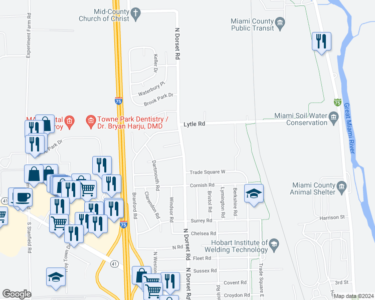 map of restaurants, bars, coffee shops, grocery stores, and more near 943 North Dorset Road in Troy