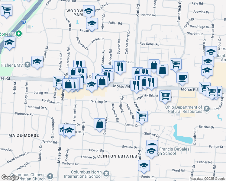 map of restaurants, bars, coffee shops, grocery stores, and more near 1475 Morse Road in Columbus