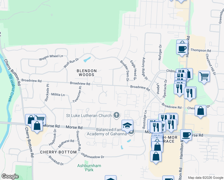 map of restaurants, bars, coffee shops, grocery stores, and more near 5575 Broadview Road in Columbus
