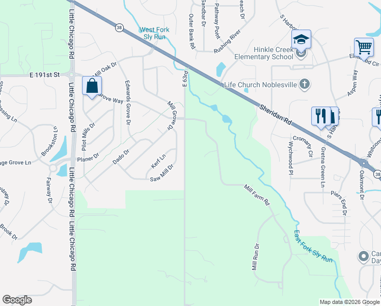 map of restaurants, bars, coffee shops, grocery stores, and more near 1530 North Mill Creek Road in Noblesville