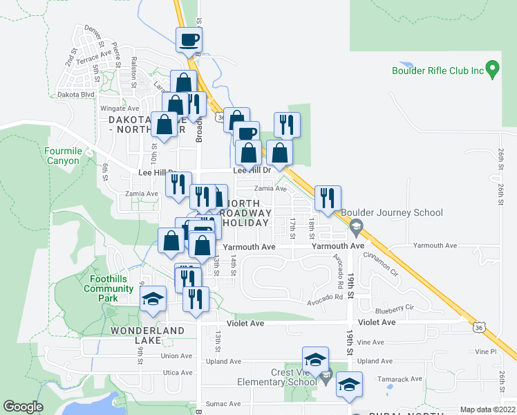 map of restaurants, bars, coffee shops, grocery stores, and more near 1474 Easy Rider Lane in Boulder