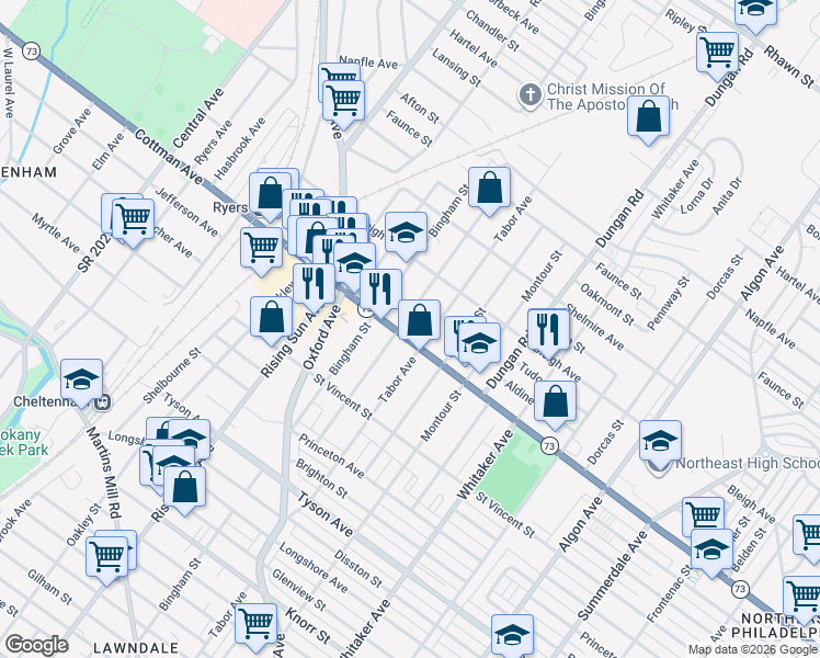 map of restaurants, bars, coffee shops, grocery stores, and more near 7312 Lawndale Avenue in Philadelphia