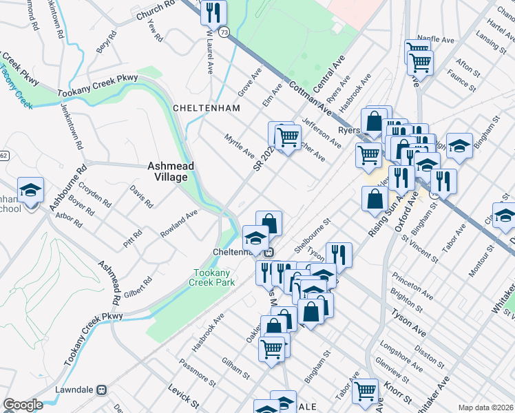 map of restaurants, bars, coffee shops, grocery stores, and more near 129 East Laurel Avenue in Montgomery County