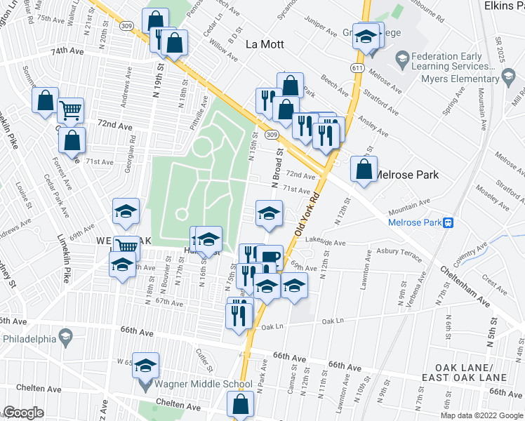 map of restaurants, bars, coffee shops, grocery stores, and more near 7017 North 15th Street in Philadelphia