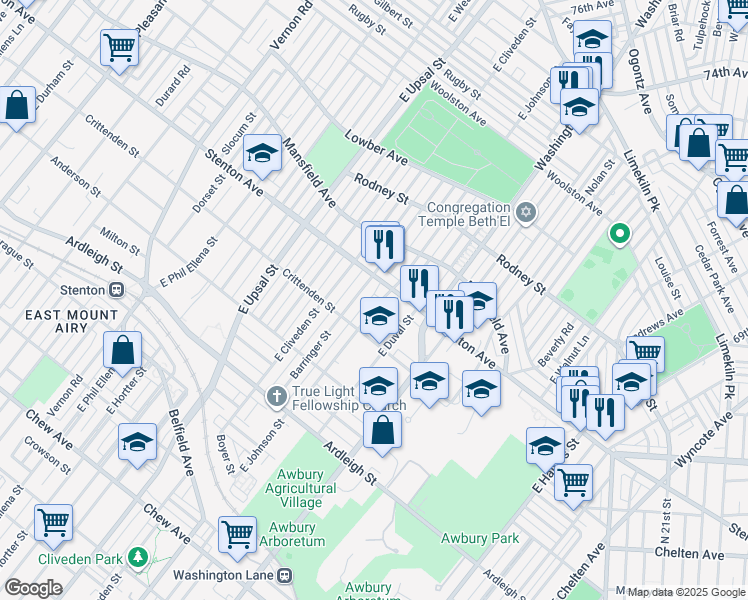 map of restaurants, bars, coffee shops, grocery stores, and more near 1334 Barringer Street in Philadelphia