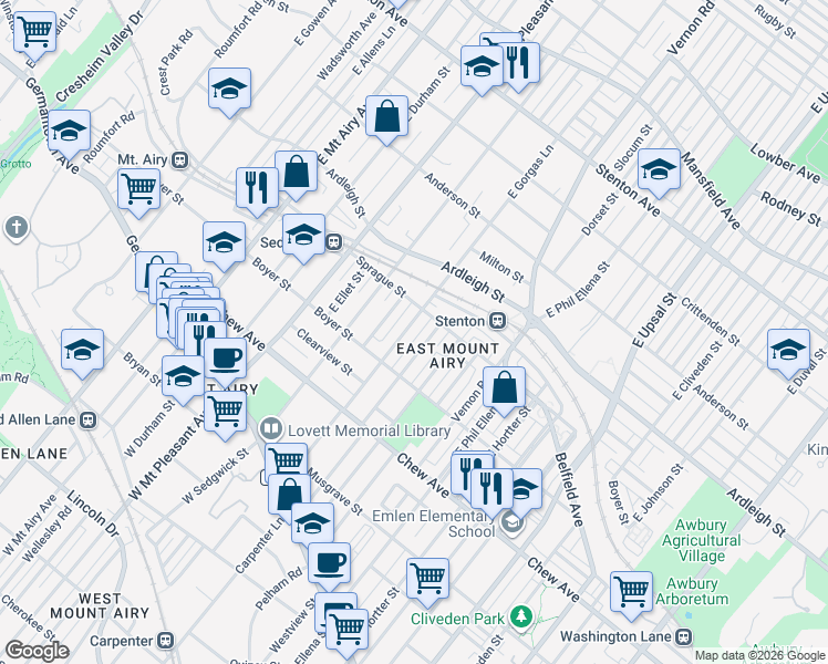 map of restaurants, bars, coffee shops, grocery stores, and more near 368 East Gorgas Lane in Philadelphia