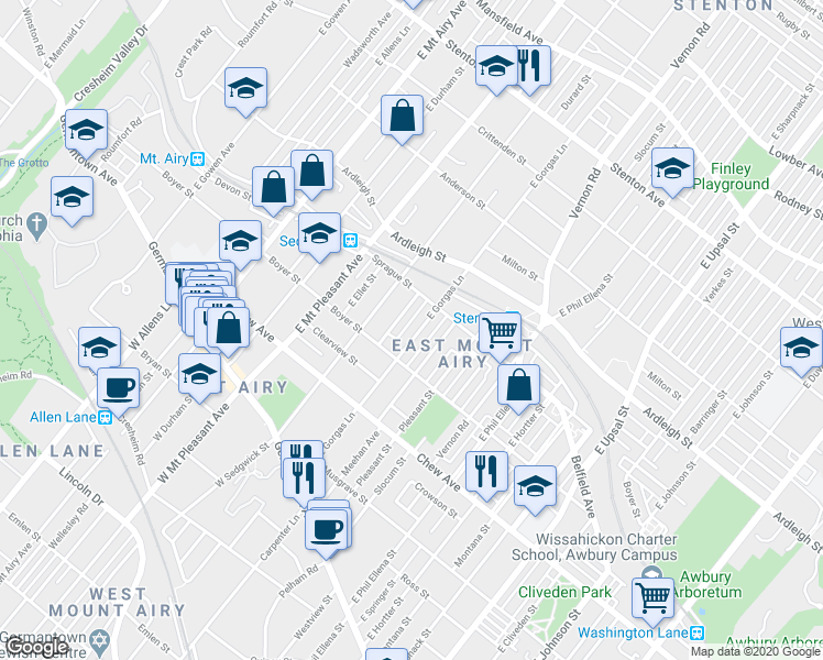 map of restaurants, bars, coffee shops, grocery stores, and more near 242 East Durard Road in Philadelphia