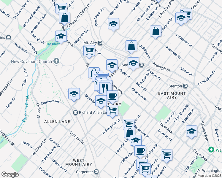 map of restaurants, bars, coffee shops, grocery stores, and more near 7129 Chew Avenue in Philadelphia