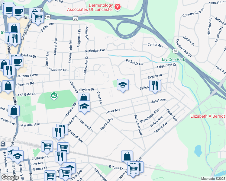 map of restaurants, bars, coffee shops, grocery stores, and more near 121 Salisbury Court in Lancaster