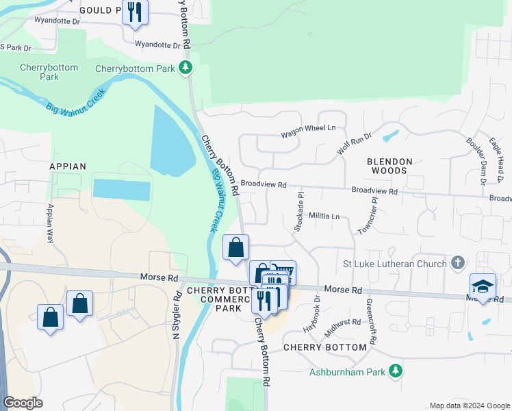 map of restaurants, bars, coffee shops, grocery stores, and more near 4181 Cherry Orchard Lane in Columbus