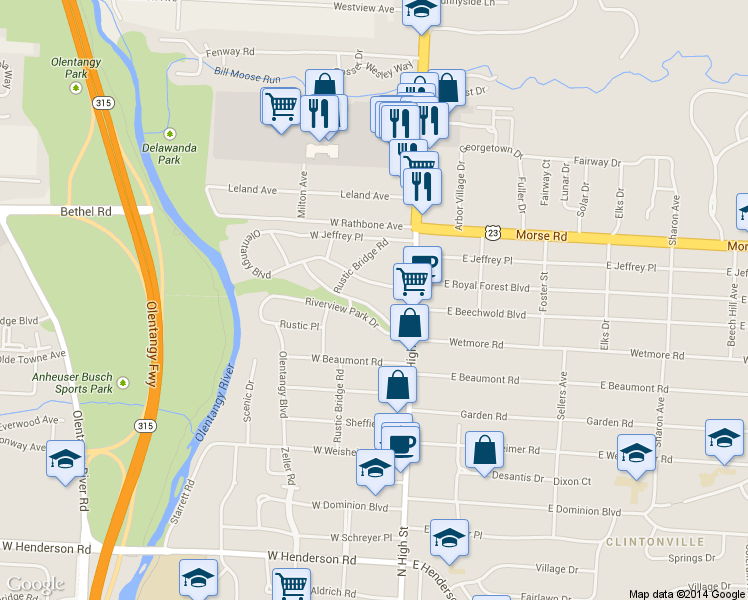 map of restaurants, bars, coffee shops, grocery stores, and more near 77 West Royal Forest Boulevard in Columbus