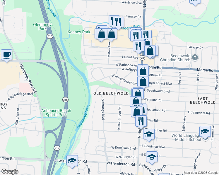 map of restaurants, bars, coffee shops, grocery stores, and more near 201 West Royal Forest Boulevard in Columbus