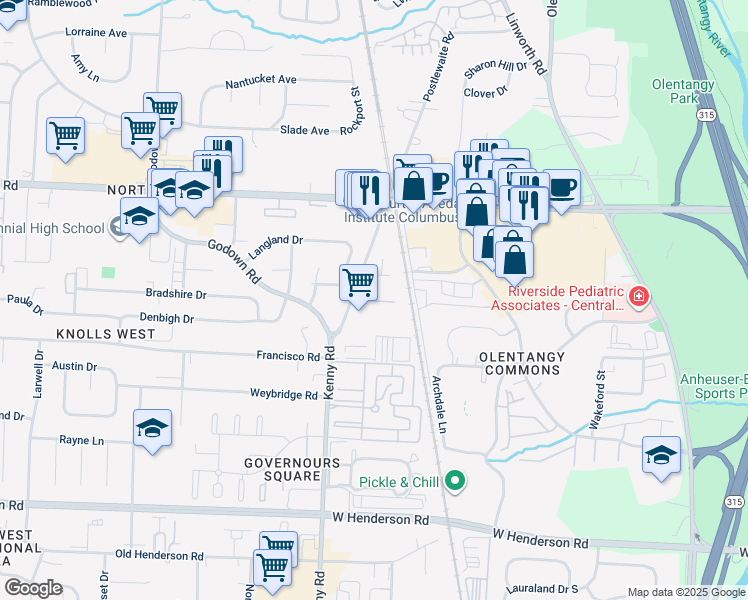 map of restaurants, bars, coffee shops, grocery stores, and more near 4700 Brooke Nicole Drive in Columbus