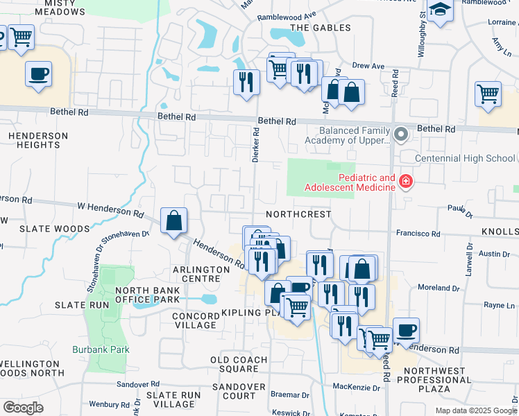 map of restaurants, bars, coffee shops, grocery stores, and more near 2066 Park Run Drive in Columbus