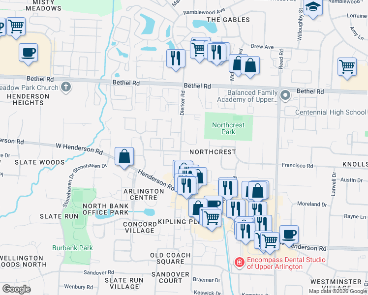 map of restaurants, bars, coffee shops, grocery stores, and more near 2066 Park Run Drive in Columbus