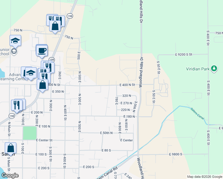 map of restaurants, bars, coffee shops, grocery stores, and more near 846 East 400 North Street in Salem