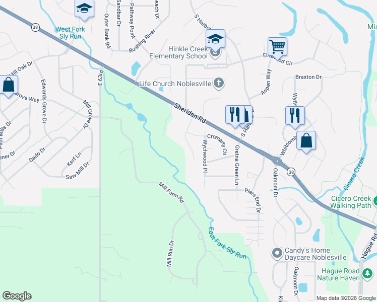 map of restaurants, bars, coffee shops, grocery stores, and more near 2233 Sheridan Road in Noblesville