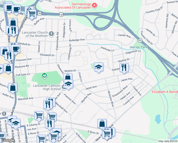 map of restaurants, bars, coffee shops, grocery stores, and more near 845 Pleasure Road in Lancaster