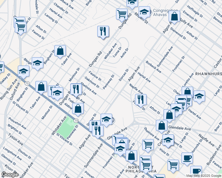 map of restaurants, bars, coffee shops, grocery stores, and more near 7534 Dorcas Street in Philadelphia