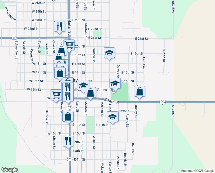 map of restaurants, bars, coffee shops, grocery stores, and more near 601-649 East 16th Street in Falls City