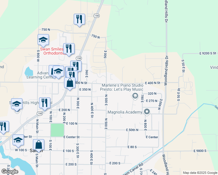map of restaurants, bars, coffee shops, grocery stores, and more near 438 North 500 East in Salem