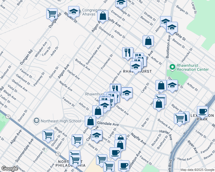 map of restaurants, bars, coffee shops, grocery stores, and more near 7906 Loretto Avenue in Philadelphia