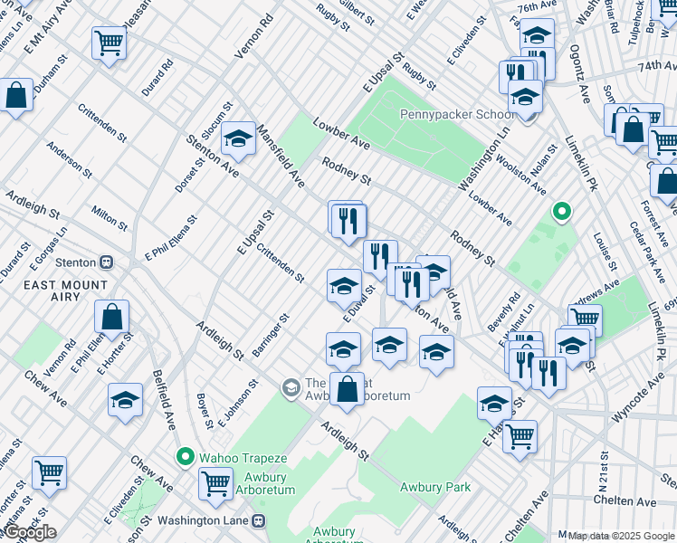 map of restaurants, bars, coffee shops, grocery stores, and more near 1321 East Johnson Street in Philadelphia