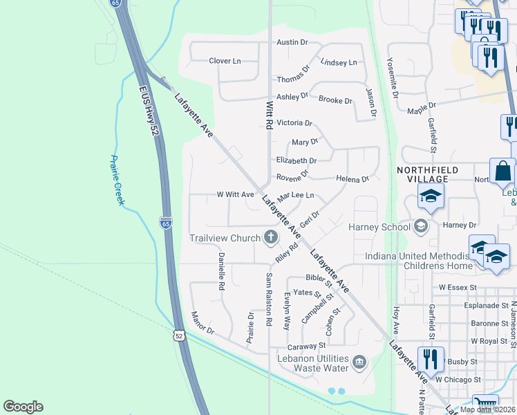 map of restaurants, bars, coffee shops, grocery stores, and more near 1526 Round Lake Court in Lebanon