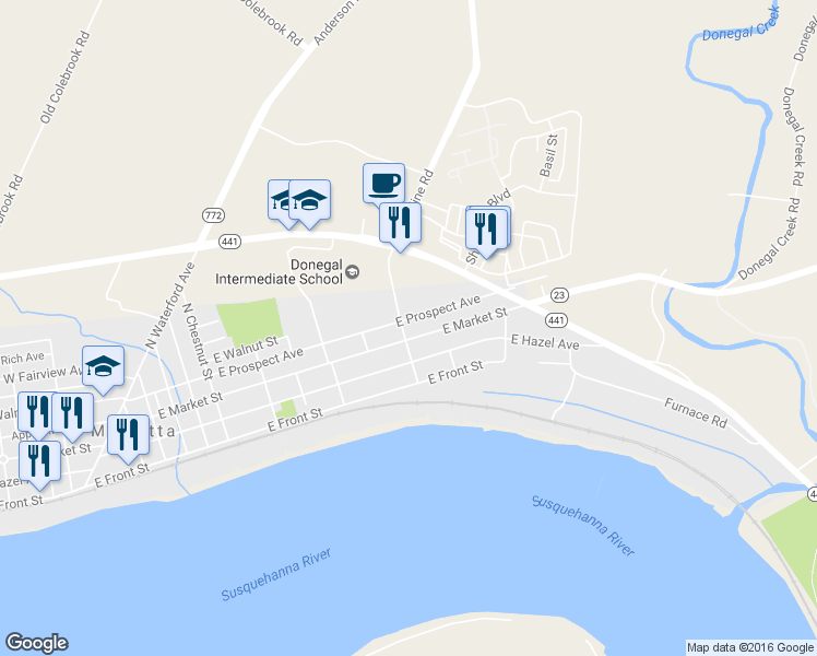 map of restaurants, bars, coffee shops, grocery stores, and more near 606 E Market St in Marietta