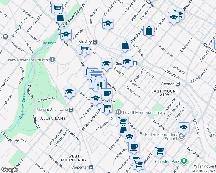 map of restaurants, bars, coffee shops, grocery stores, and more near 7129 Chew Avenue in Philadelphia