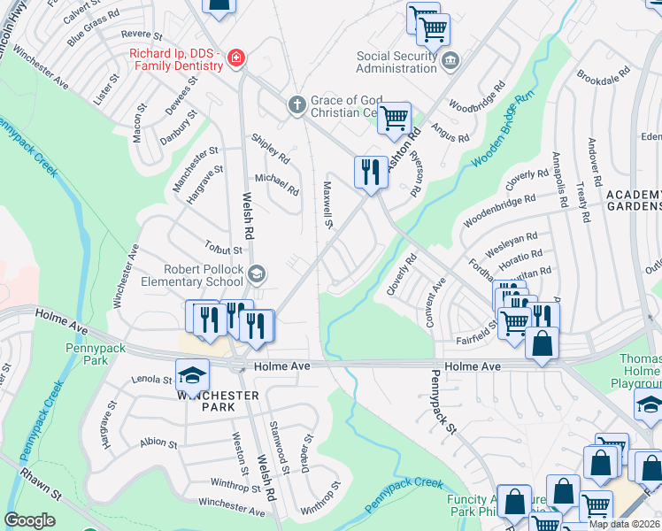 map of restaurants, bars, coffee shops, grocery stores, and more near 2816 Maxwell Street in Philadelphia