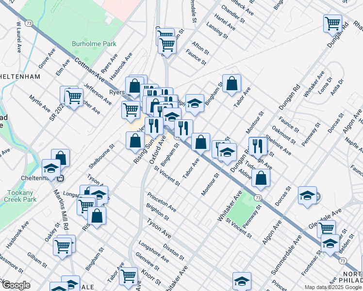 map of restaurants, bars, coffee shops, grocery stores, and more near 1104 Cottman Avenue in Philadelphia