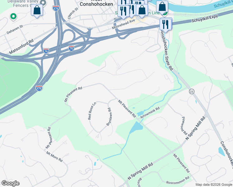 map of restaurants, bars, coffee shops, grocery stores, and more near 1206 Prospect Hill Road in Villanova