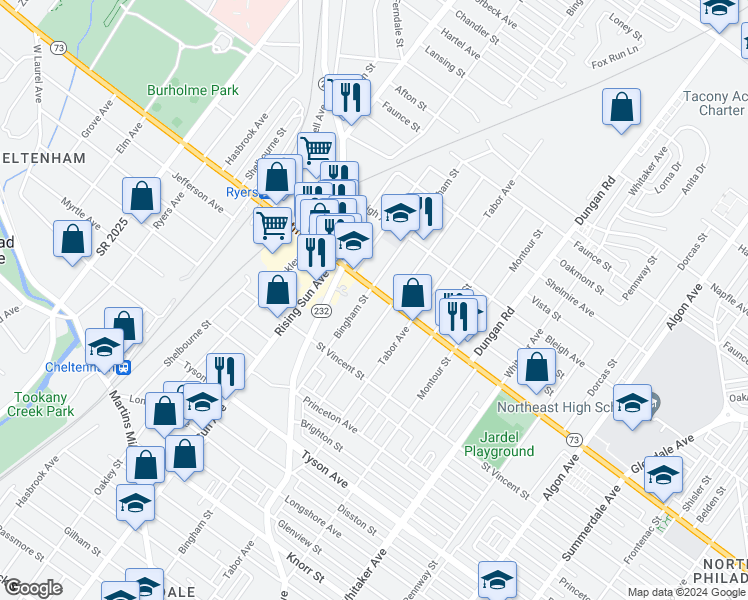 map of restaurants, bars, coffee shops, grocery stores, and more near 1104 Cottman Avenue in Philadelphia