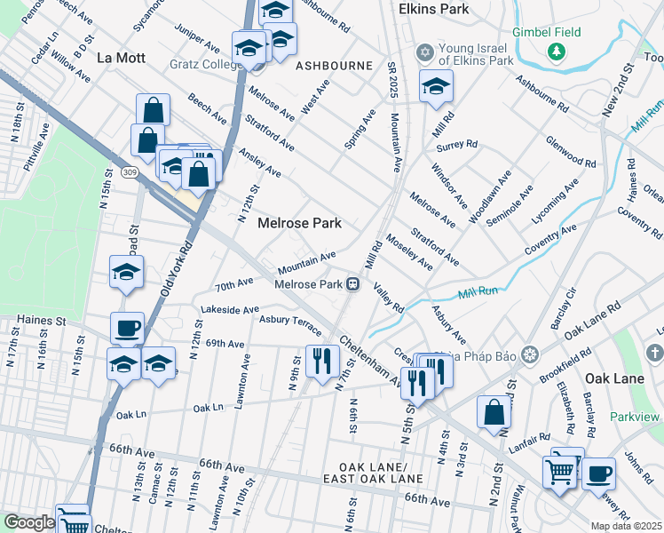 map of restaurants, bars, coffee shops, grocery stores, and more near 904 Valley Road in Elkins Park